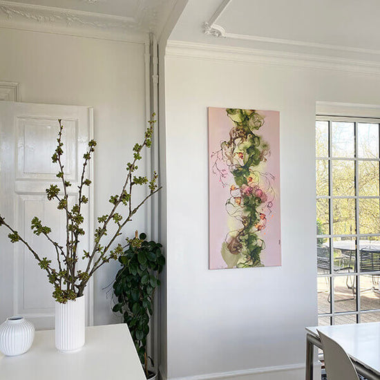 Pink painting in dining room